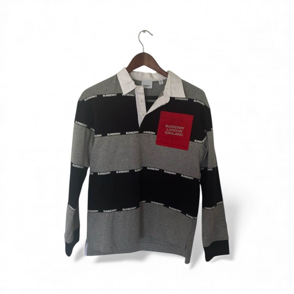 Burberry Black and Gray Rugby Shirt with Red Accent
